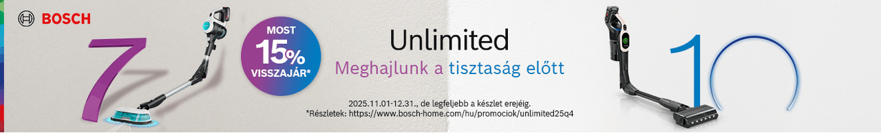Bosch Unlimited vezeték nélküli porszívók 15% pénzvisszatérítéssel!