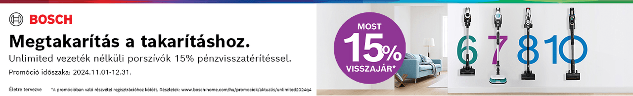 Vásárolj az akcióban részt vevő Bosch Unlimited vezeték nélküli porszívót, és visszatérítünk Neked 15%-ot a bruttó vételárból!