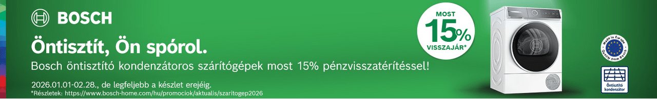 Vásárolj Bosch öntisztító kondenzátoros szárítógépet és visszatérítjük a vételár 15%-át!