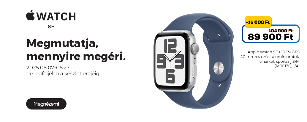 Apple Watch SE (2023) GPS – 40 mm-es ezüst alumíniumtok, viharkék sportszíj - S/M