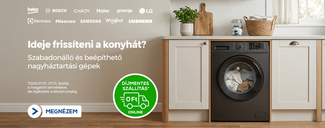 Szabadonálló és beépíthető nagyháztartási gépek, díjmentes szállítással.