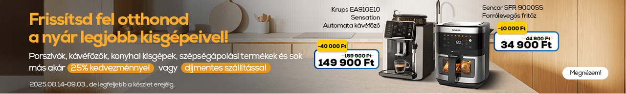 Frissítsd fel otthonod a nyár legjobb kisgépeivel! Háztartási kisgépek, Porszívók, kávéfőzők, konyhai kisgépek, szépségápolási termékek akár 25 % kedvezménnyel vagy díjmentes szállítással