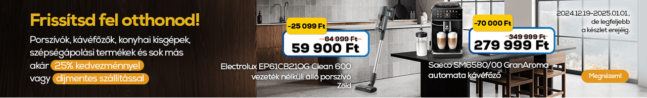 Frissítsd fel otthonodat! Háztartási kisgépek, Porszívók, kávéfőzők, konyhai kisgépek, szépségápolási termékek akár 25 % kedvezménnyel vagy díjmentes szállítással