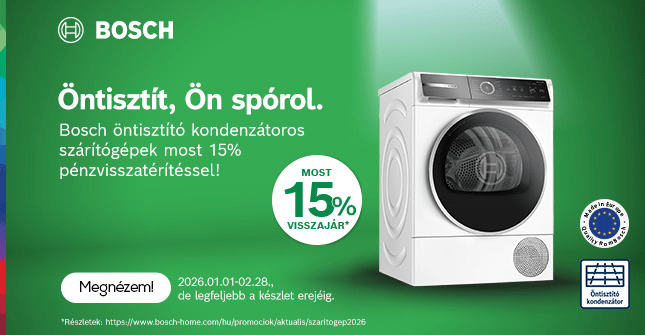 Vásárolj Bosch öntisztító kondenzátoros szárítógépet és visszatérítjük a vételár 15%-át!
