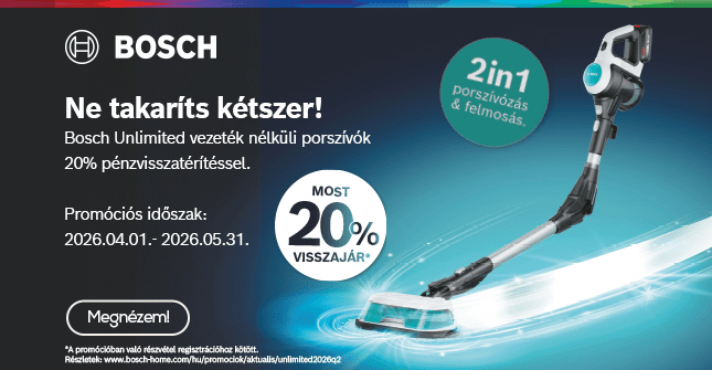 Vásárolj a promócióban részt vevő Bosch Unlimited vezeték nélküli porszívót, és visszatérítünk Neked 20%-ot a bruttó vételárból.