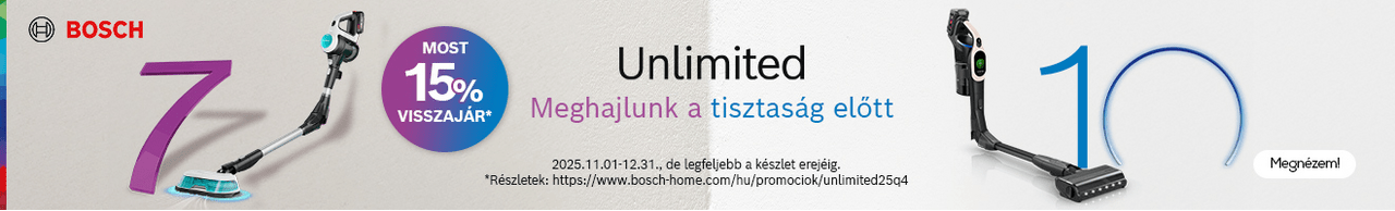 Bosch Unlimited vezeték nélküli porszívók 15% pénzvisszatérítéssel!