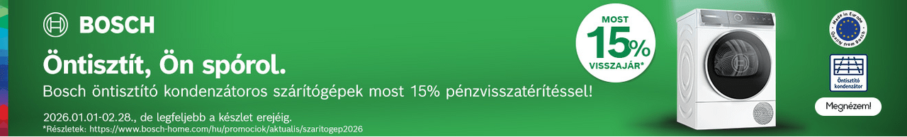 Vásárolj Bosch öntisztító kondenzátoros szárítógépet és visszatérítjük a vételár 15%-át!