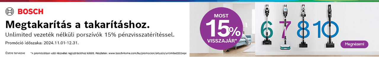 Bosch unlimited vezeték nélküli porszívók 15% pénzvisszatérítéssel!