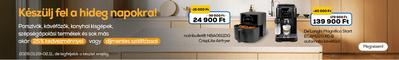 Készülj fel a hideg napokra Porszívók, kávéfőzők, konyhai kisgépek, szépségápolási termékek és sok más akár 25% kedvezménnyel vagy díjmentes szállítással
