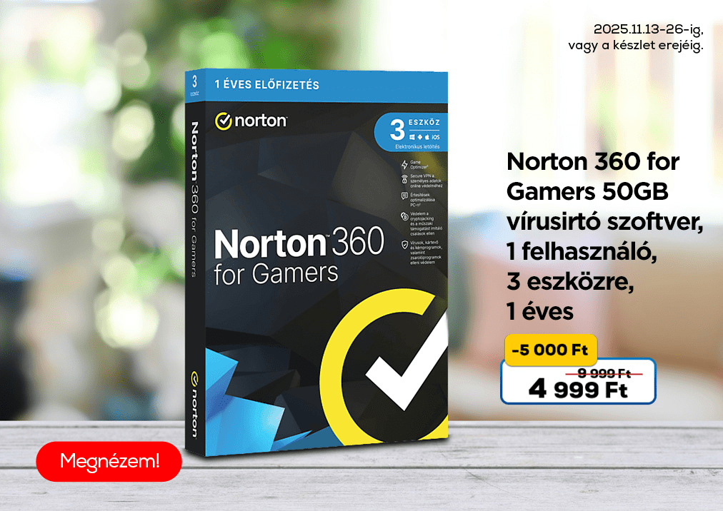 Norton 360 for Gamers 50GB vírusirtó szoftver, 1 felhasználó, 3 eszközre, 1 éves