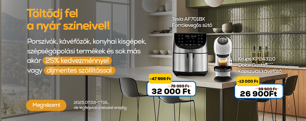 Töltődj fel a nyár színeivel! Háztartási kisgépek, Porszívók, kávéfőzők, konyhai kisgépek, szépségápolási termékek akár 25 % kedvezménnyel vagy díjmentes szállítással