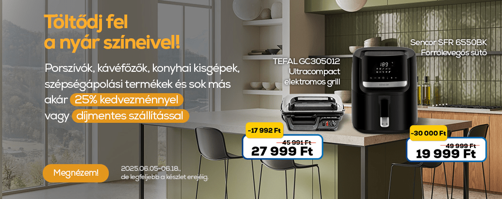 Töltődj fel a nyár színeivel! Háztartási kisgépek, Porszívók, kávéfőzők, konyhai kisgépek, szépségápolási termékek akár 25 % kedvezménnyel vagy díjmentes szállítással