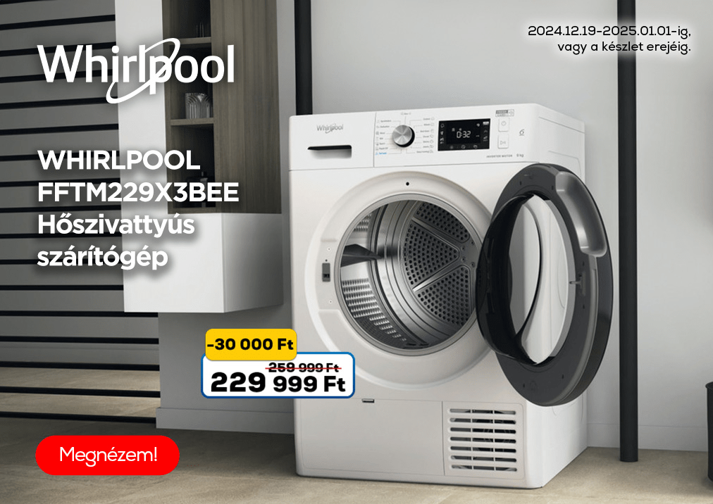 Whirlpool FFTM229X3BEE Hőszivattyús Szárítógép, 9kg, Fehér