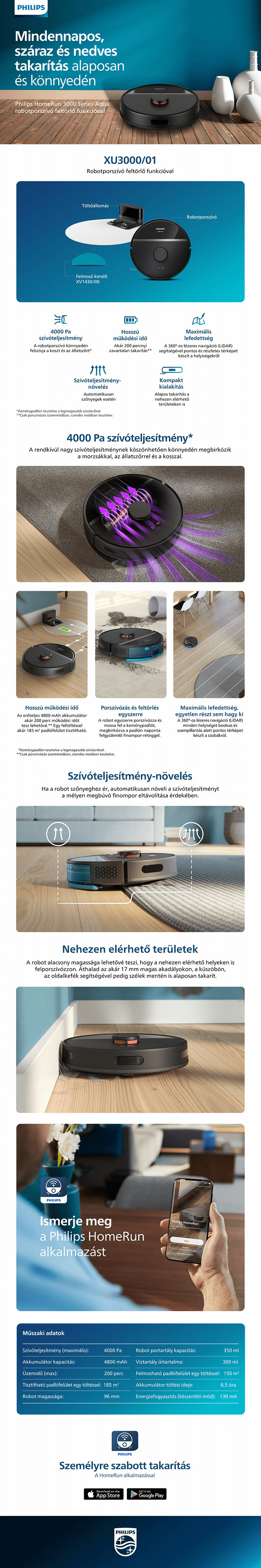 Philips XU3000/01 HomeRun 3000 Series Aqua Robotporszívó