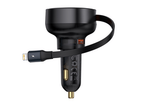 Baseus Enjoyment Pro 55W, USB Type-A autós gyorstöltő, iPhone automata behúzós kábellel Baseus Enjoyment Pro 55W, USB Type-A autós gyorstöltő, iPhone automata behúzós kábellel