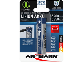 Ansmann 18650 Li-ion 3400mAh védett akkumulátor USB töltéssel (1307-0003) Ansmann 18650 Li-ion 3400mAh védett akkumulátor USB töltéssel (1307-0003)