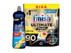 Finish Ultimate Plus All in 1 mosogatógép-kapszula, Lemon, 90 db + Finish Shine & Protect Rinse Aid öblítőszer gépi mosogatáshoz, Citrom illat, 800 ml Finish Ultimate Plus All in 1 mosogatógép-kapszula, Lemon, 90 db + Finish Shine & Protect Rinse Aid öblítőszer gépi mosogatáshoz, Citrom illat, 800 ml