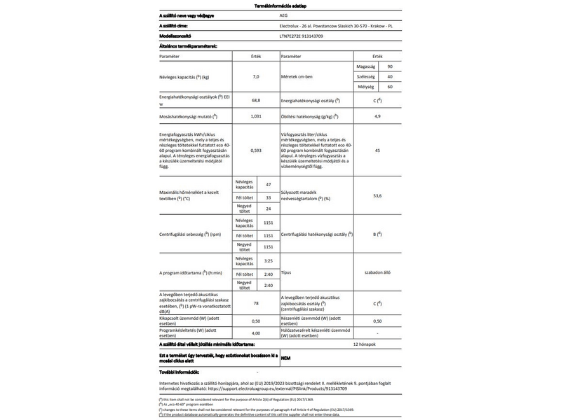 AEG LTN7E272E Felültöltős gőzfunkciós mosógép