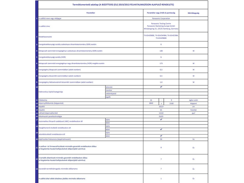 Panasonic TX-65HZ980E 4K Ultra HD OLED Smart Tv