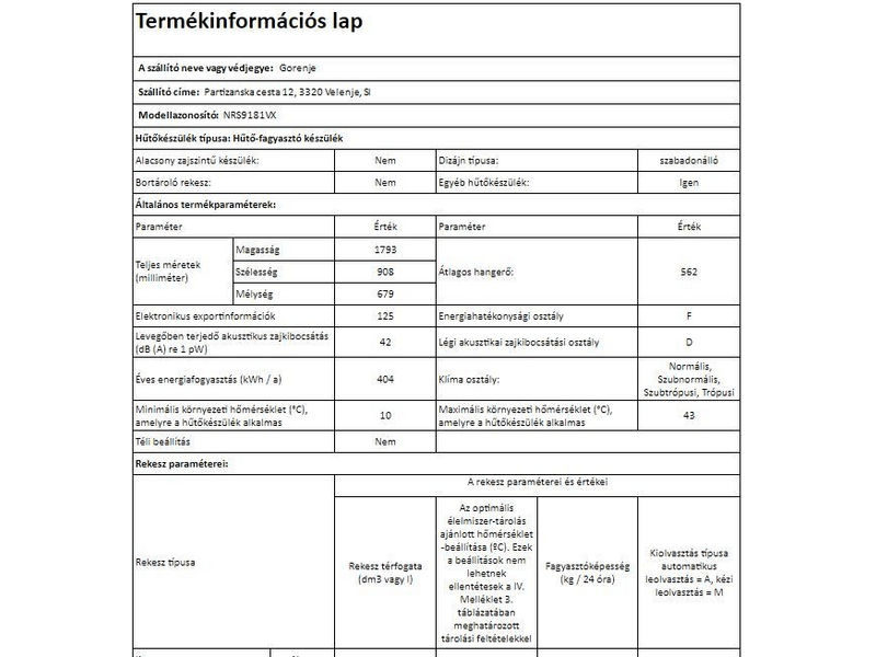 GORENJE NRS9181VX Side by Side hűtőszekrény