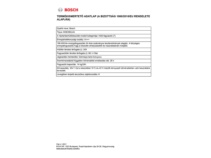 BOSCH KGE392L4A Alulfagyasztós kombinált hűtőszekrény