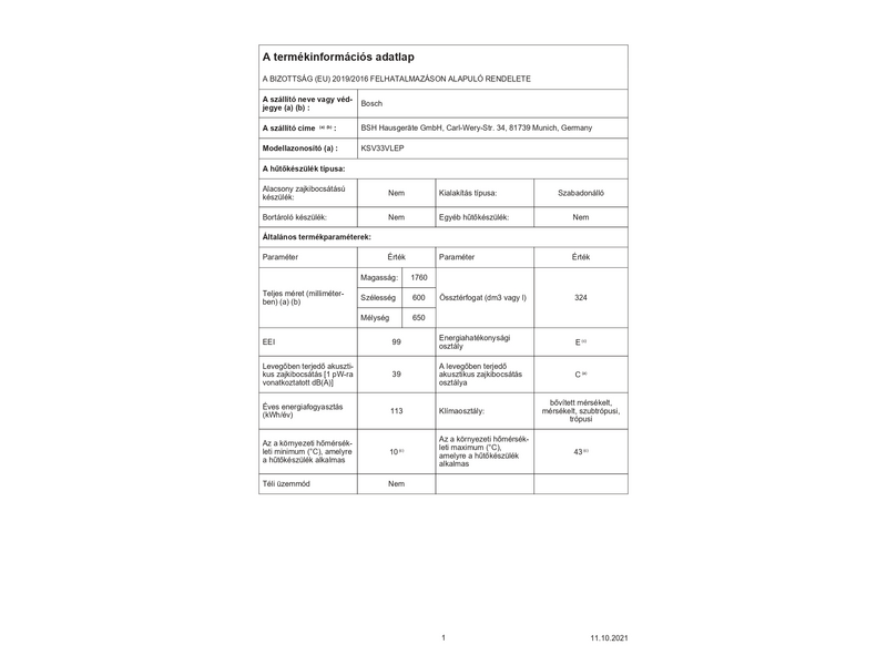 Bosch KSV33VLEP Egyajtós hűtőszekrény