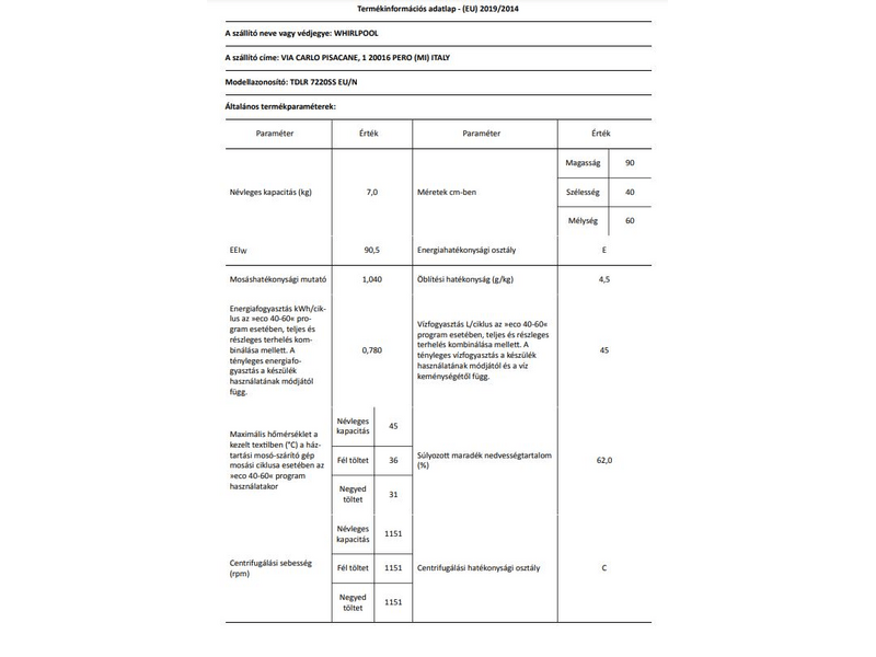 Whirlpool TDLR 7220SS EU/N Felültöltős mosógép