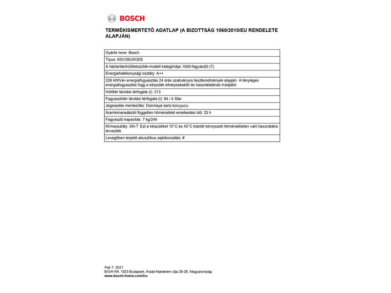 BOSCH KGV36UW30S Alulfagyasztós kombinált hűtőszekrény