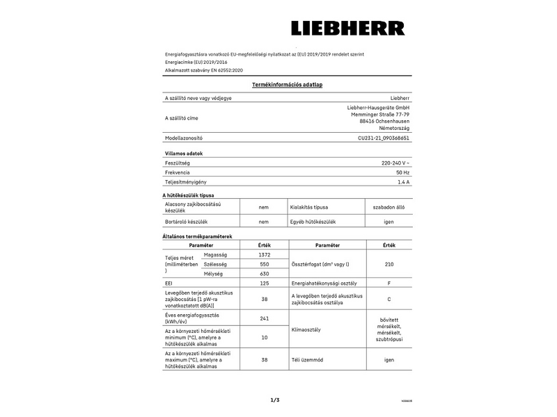 Liebherr CU2331-21 Alulfagyasztós kombinált hűtőszekrény
