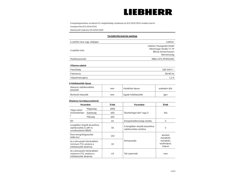 Liebherr KBbs 4374 Alulfagyasztós kombinált hűtőszekrény