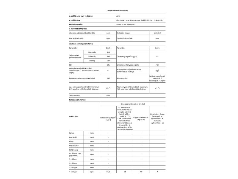 AEG ABB682F1NF Beépíthető fagyasztószekrény