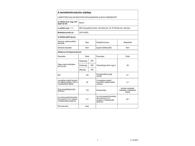 Bosch GIV21AFE0 Beépíthető Fagyasztószekrény