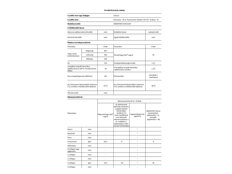 Zanussi ZXAN9FW0 Egyajtós hűtőszekrény