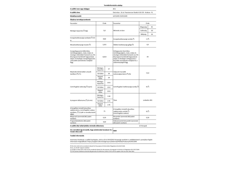 AEG L6FEG49S Elöltöltős mosógép, 9 kg, 1400 f/p., inverter motor, LED kijelző