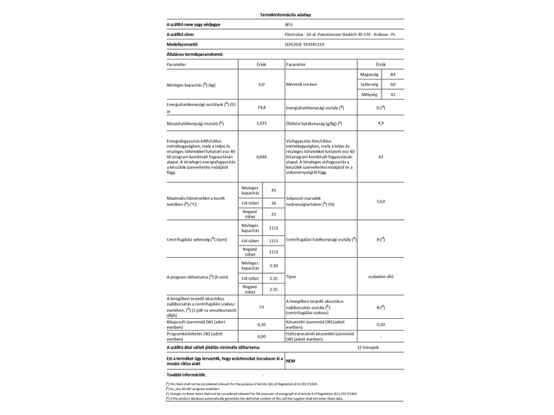 AEG L6SE26SE Keskeny elöltöltős mosógép, 6 kg, 1200 f/p, inverter motor