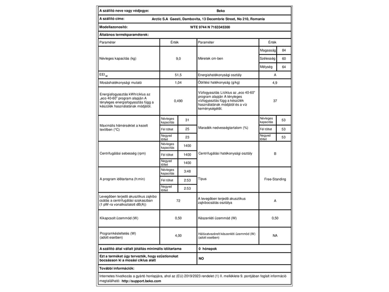 BEKO WTE9744N Elöltöltős mosógép