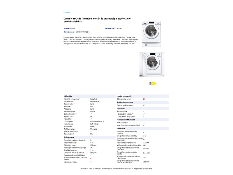 Candy CBDO485TWME/1-S Beépíthető mosó- szárítógép