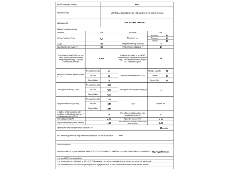 BEKO WUE8633XST Elöltöltős mosógép