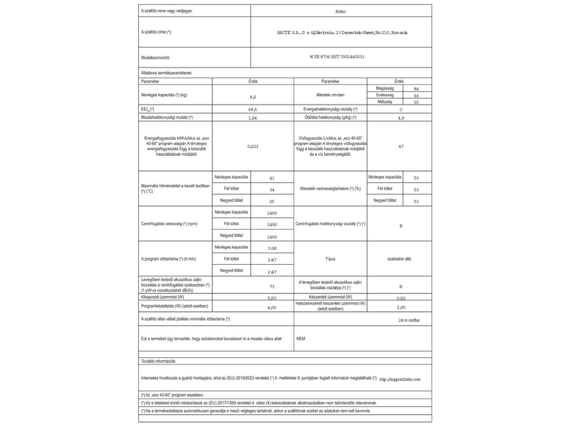 Beko WUE8736XST Elöltöltős mosógép