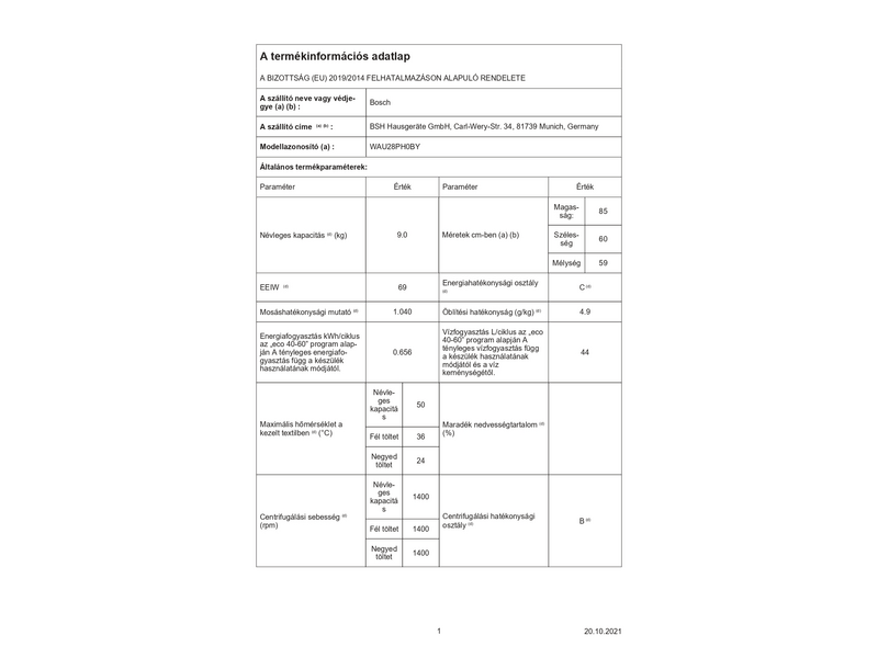 Bosch WAU28PH0BY Elöltöltős mosógép