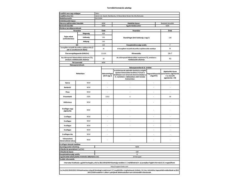 BEKO BU1103N Beépíthető hűtőszekrény