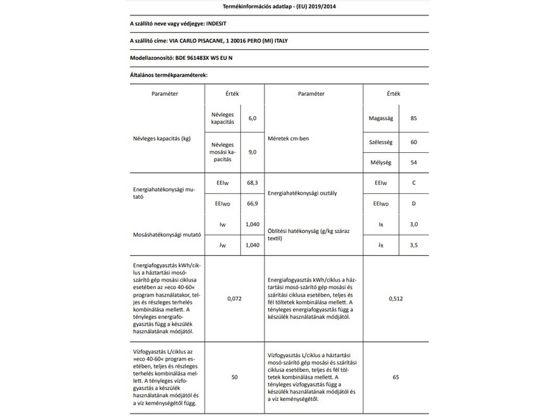Indesit BDE 961483X WS EU N mosó- és szárítógép