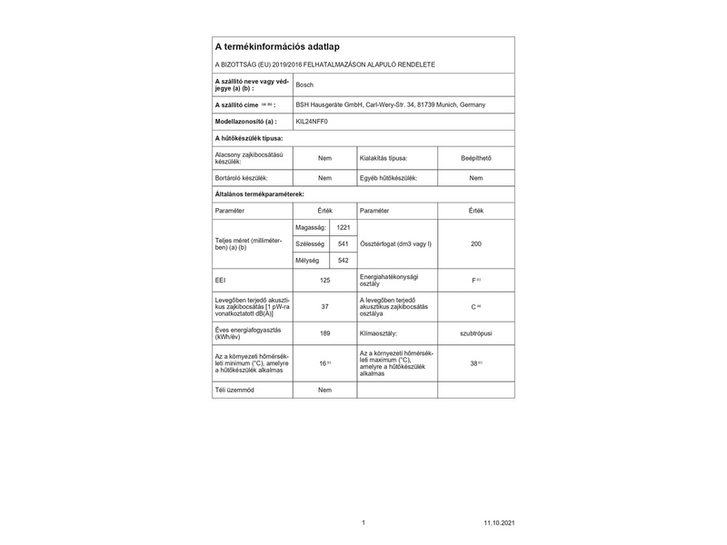 Bosch KIL24NFF0 Beépíthető hűtőszekrény fagyasztórekesszel