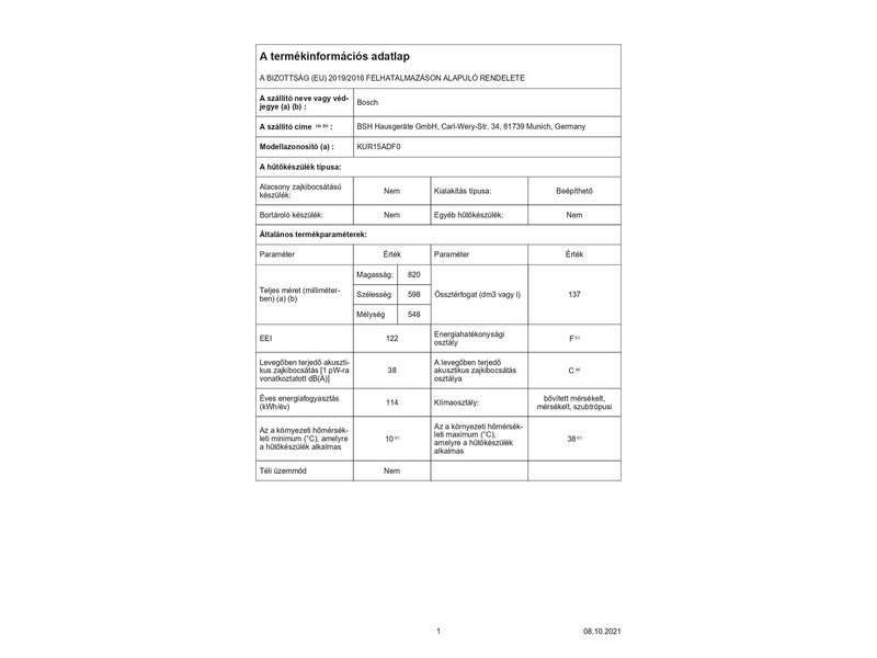 Bosch KUR15ADF0 Beépíthető egyajtós hűtőszekrény