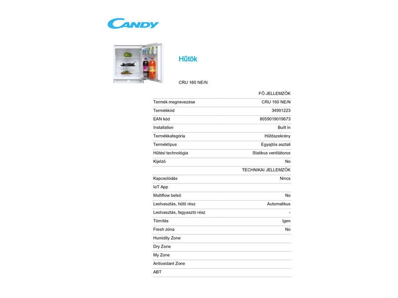 Candy CRU 160 NE/N Beépíthető hűtőszekrény