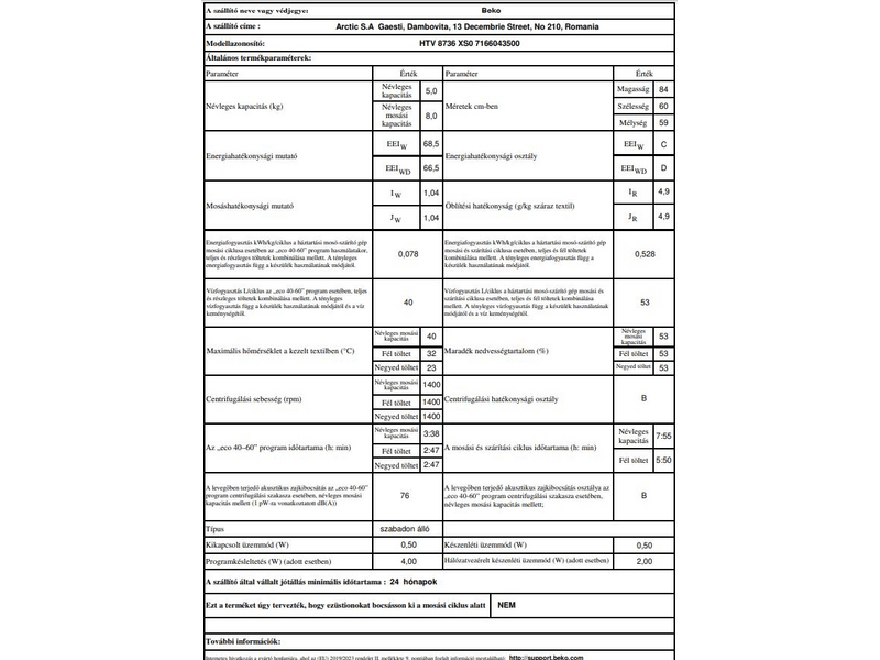 Beko HTV 8736 XS0 Mosó- és szárítógép