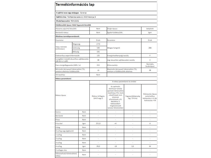 Gorenje RBI4182E1 Beépíthető hűtőszekrény