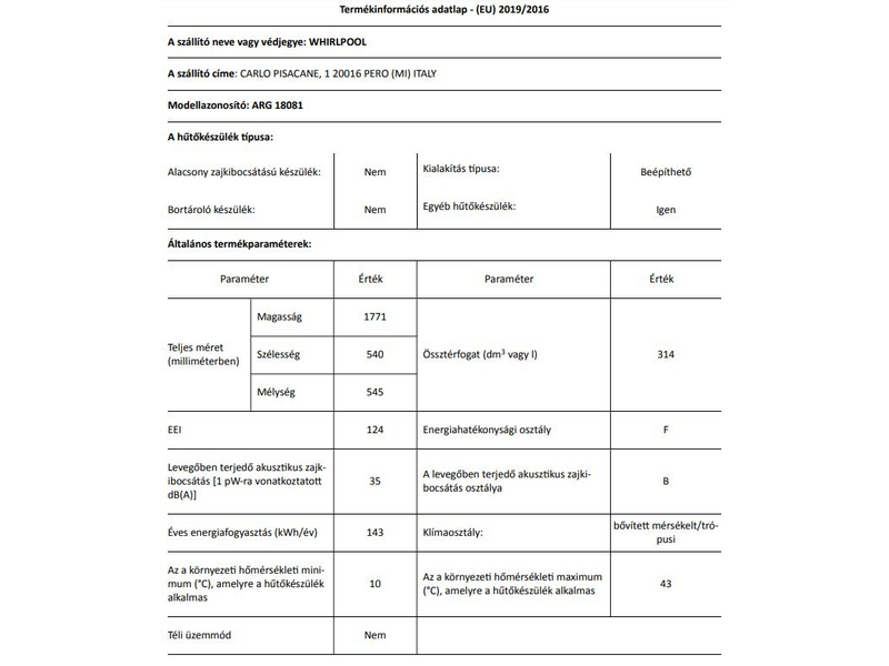 Whirlpool ARG 18081 beépíthető hűtőszekrény