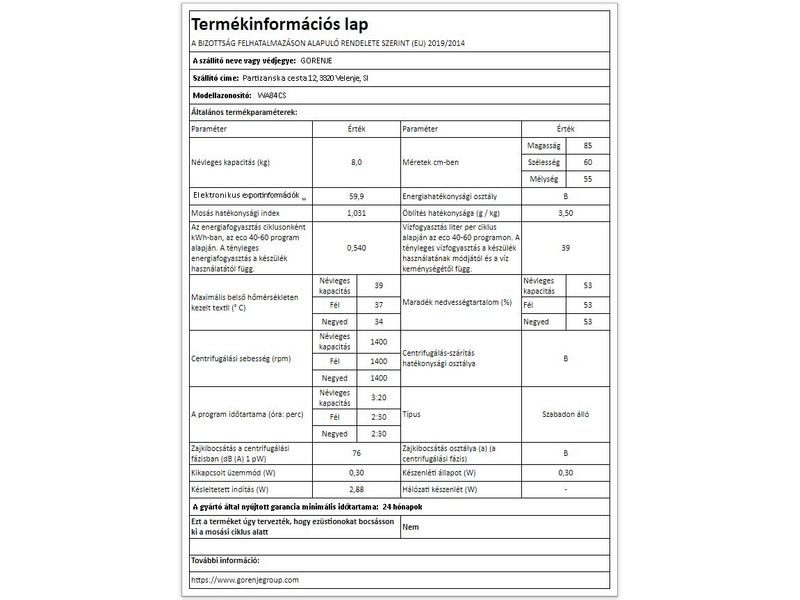 Gorenje WA84CS Elöltöltős mosógép
