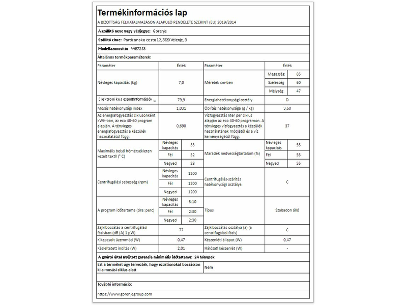 GORENJE WE72S3 Elöltöltős mosógép